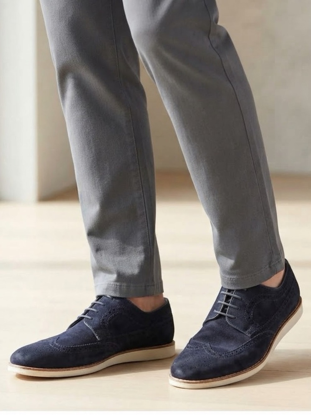 Men's MASSIMO DUTTI Suede Wingtip Oxford Shoes Lace-Up Perforated Loafer Navy